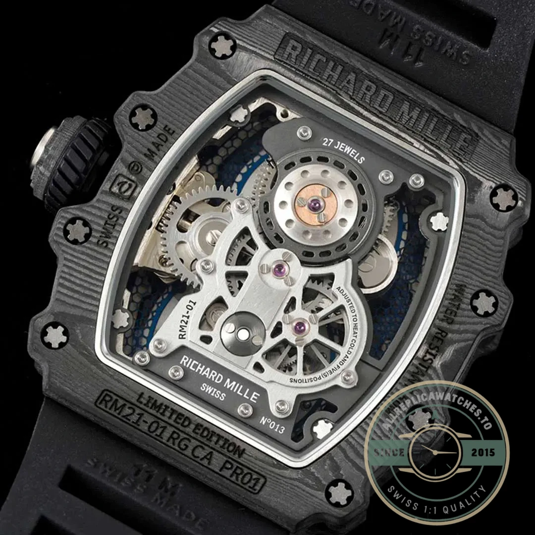 Superclone Richard Mille 21-01 Tourbillon Skeleton Dial Black Strap - Affordable Luxury Replica Timepiece