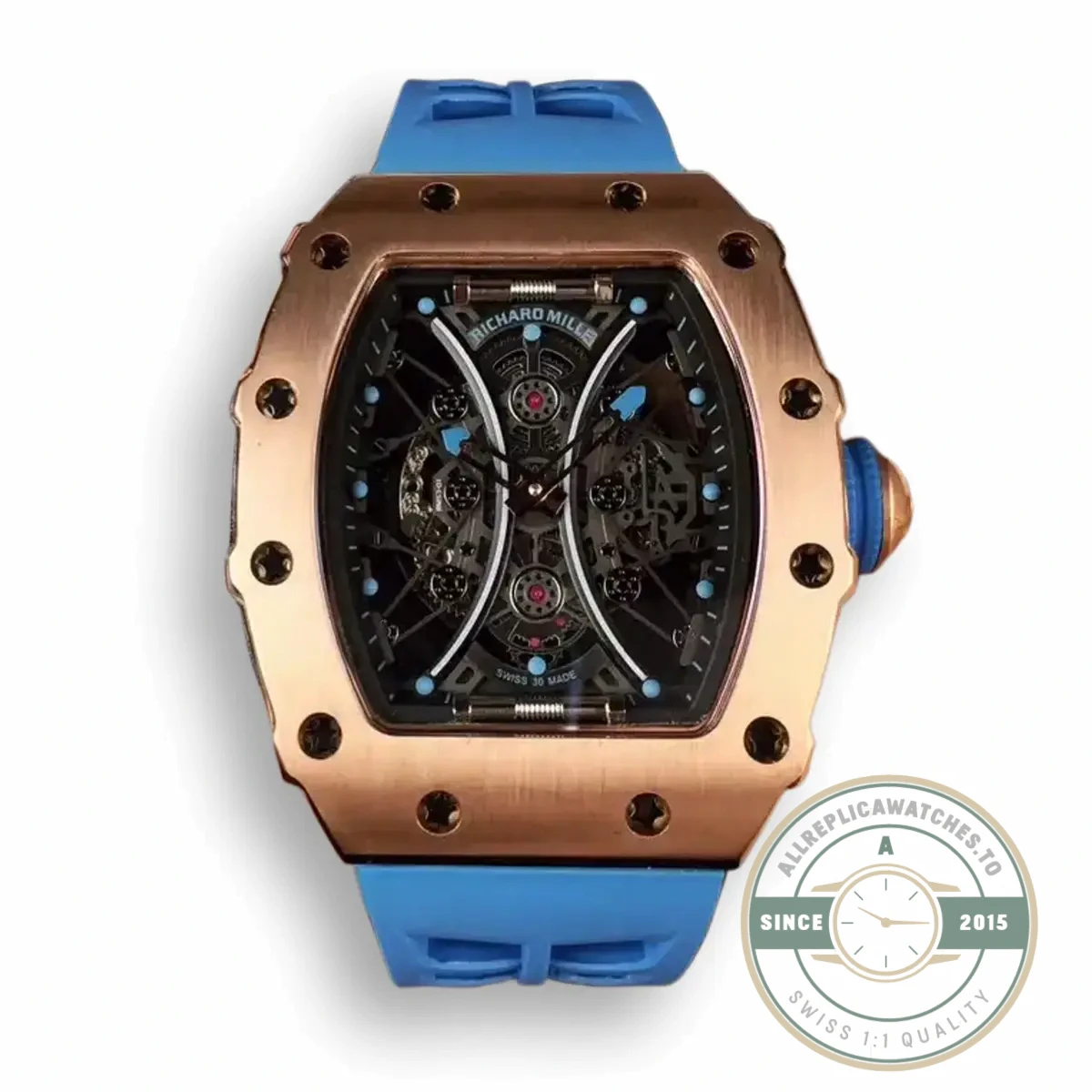 Superclone Richard Mille 53-01 Rose Gold Strap Rubber Blue - Affordable Luxury Replica Timepiece