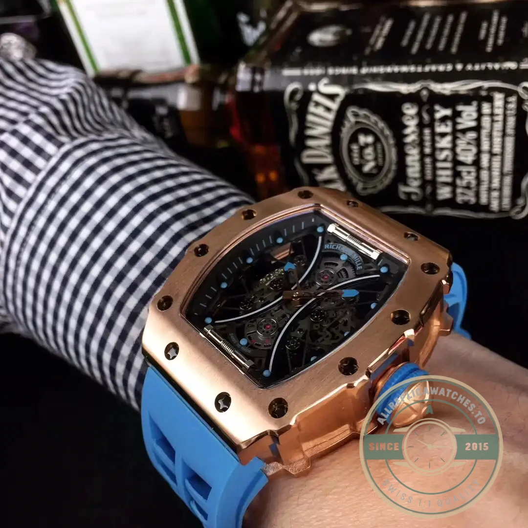 Superclone Richard Mille 53-01 Rose Gold Strap Rubber Blue - Affordable Luxury Replica Timepiece