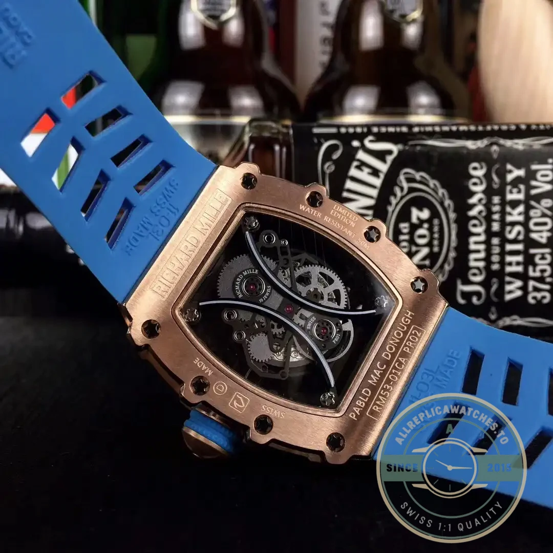 Superclone Richard Mille 53-01 Rose Gold Strap Rubber Blue - Affordable Super Clone Watch