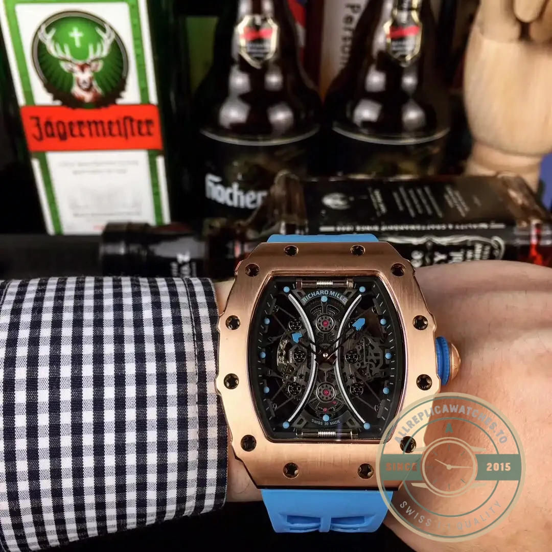 Superclone Richard Mille 53-01 Rose Gold Strap Rubber Blue - Affordable Super Clone Watch