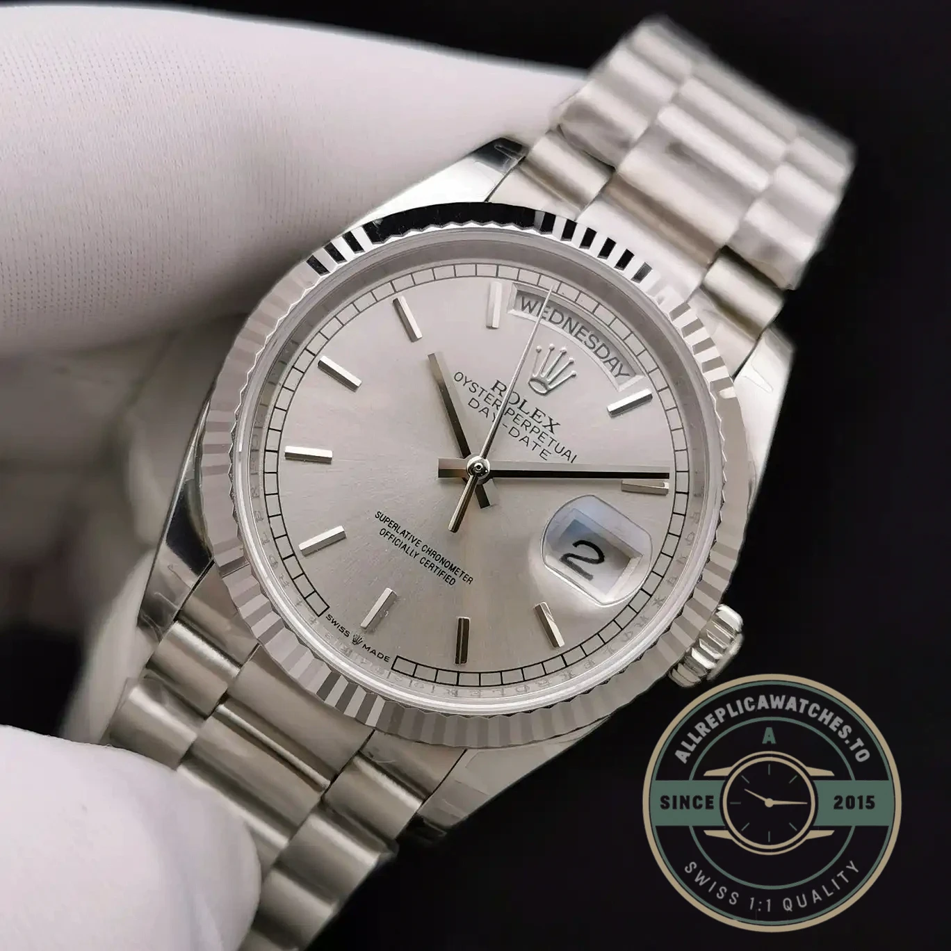 Superclone Rolex Day-Date 128238 36mm Silver Dial - Swiss Movement Replica Watch