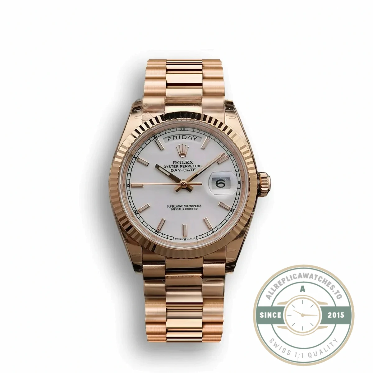 Superclone Rolex Day-Date 128238 36mm White Dial Rose Gold - High-Grade Replica Watch