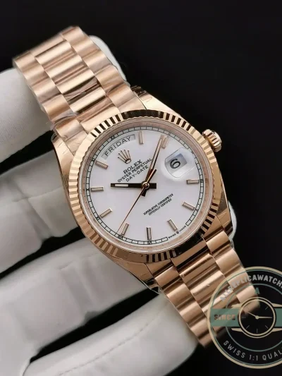 Superclone Rolex Day-Date 128238 36mm White Dial Rose Gold - Top-Tier Swiss Replica Watch