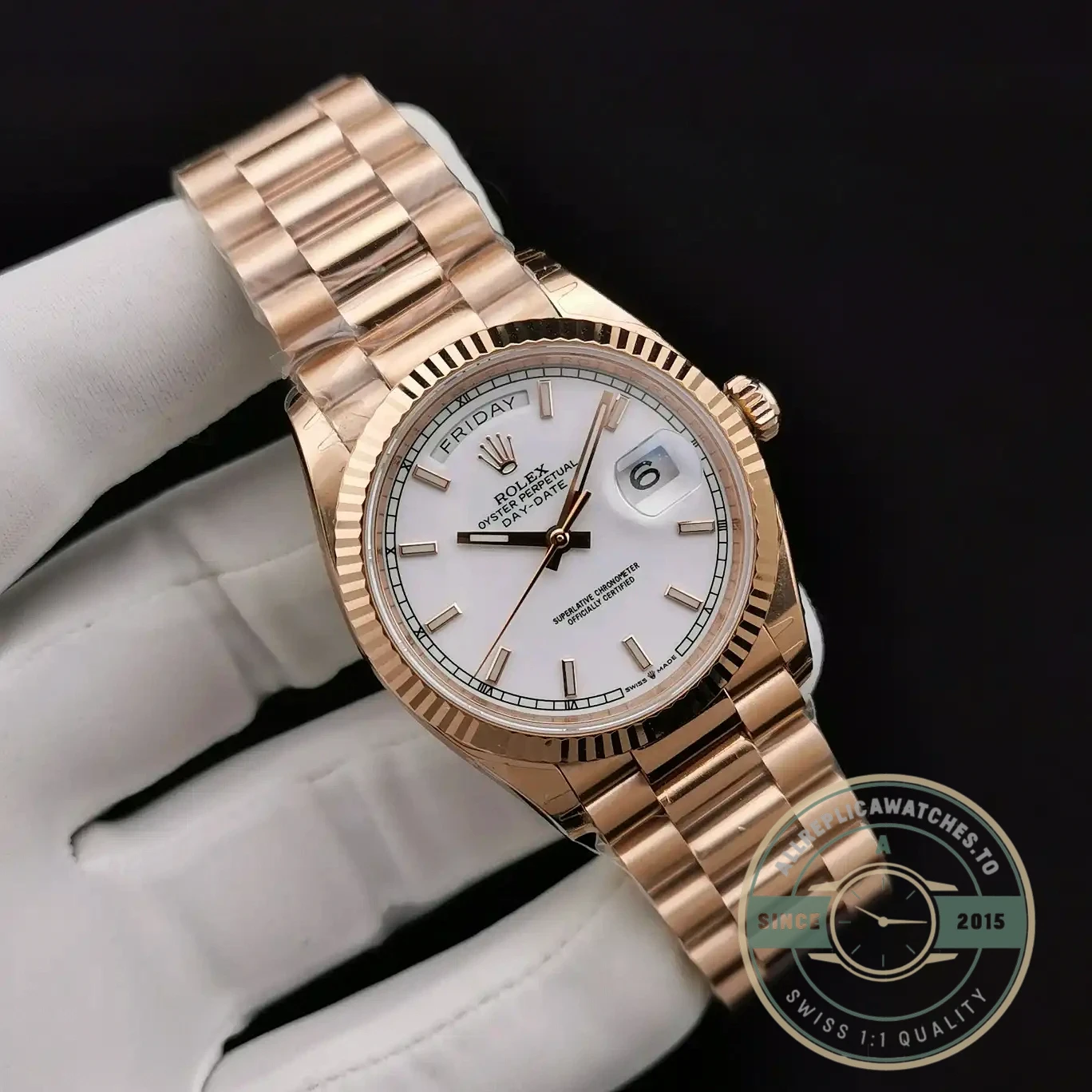 Superclone Rolex Day-Date 128238 36mm White Dial Rose Gold - Top-Tier Swiss Replica Watch