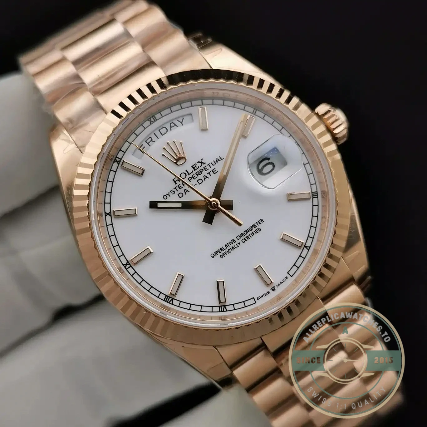 Superclone Rolex Day-Date 128238 36mm White Dial Rose Gold - Affordable Luxury Replica Timepiece