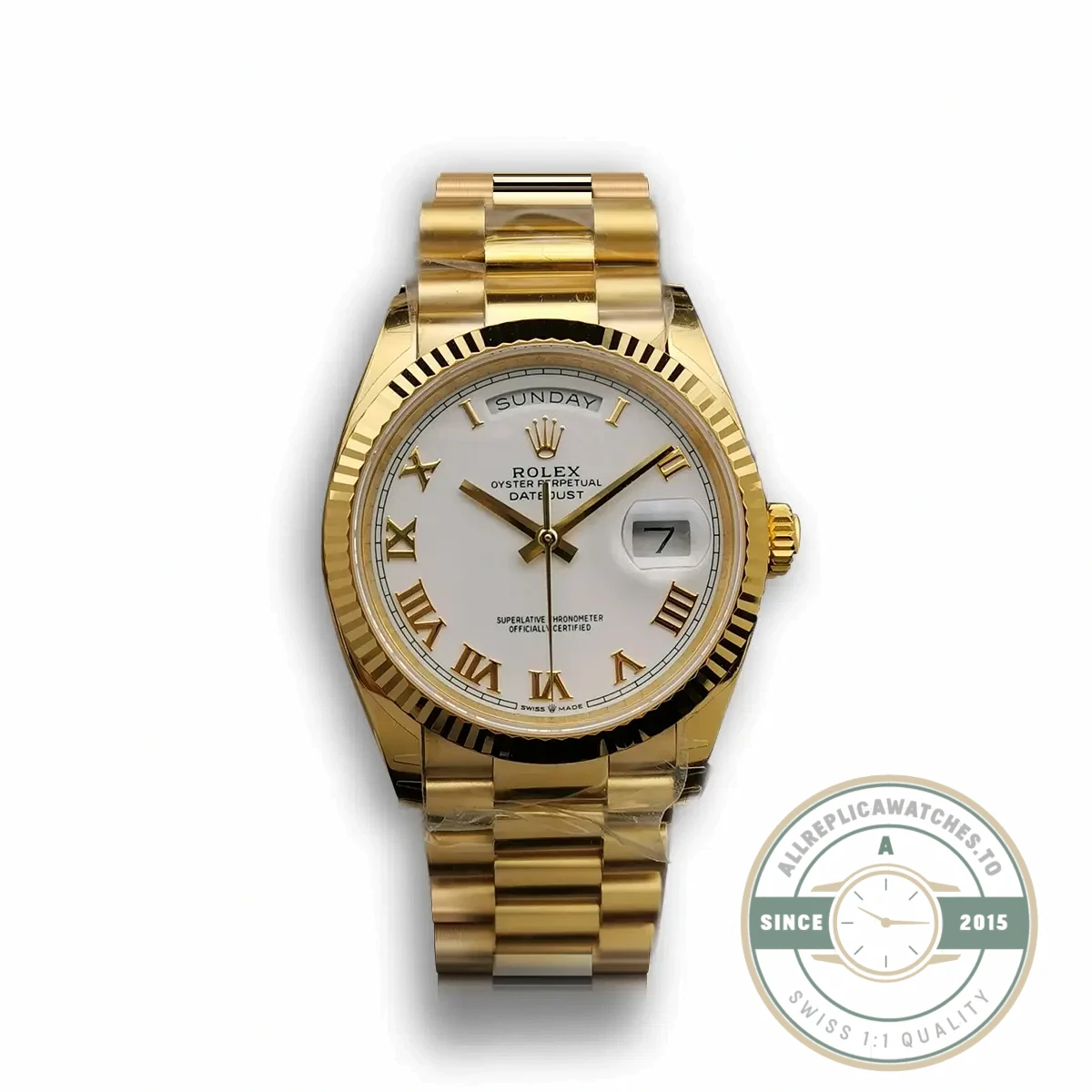 Superclone Rolex Day-Date 128238 36mm White Roman Dial Yellow Gold - Premium Super Clone Watch