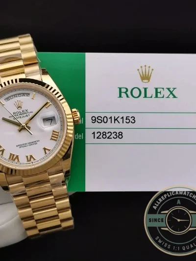 Superclone Rolex Day-Date 128238 36mm White Roman Dial Yellow Gold - Swiss-Made Clone Watch
