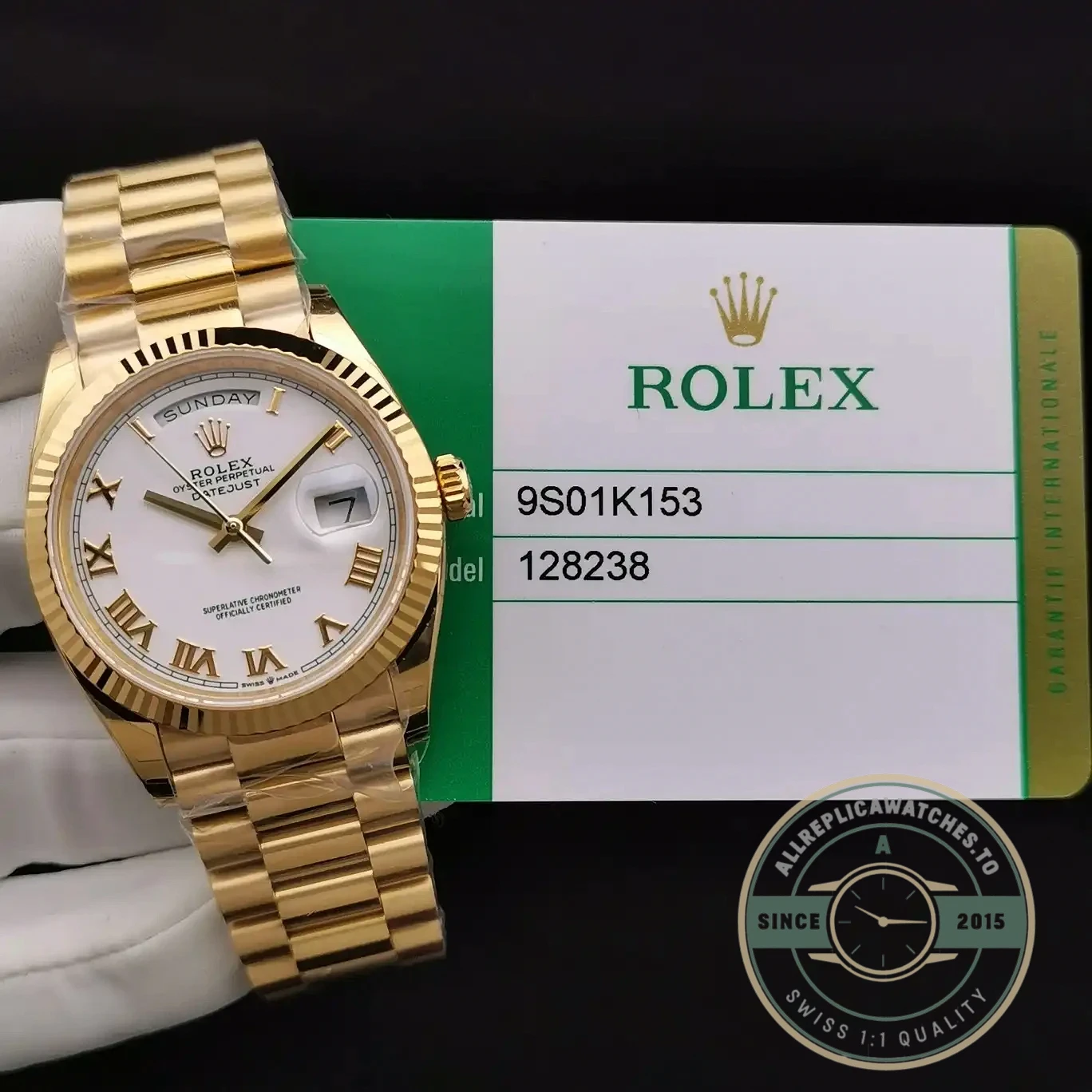 Superclone Rolex Day-Date 128238 36mm White Roman Dial Yellow Gold - Swiss-Made Clone Watch