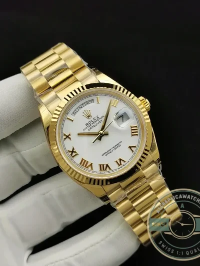 Superclone Rolex Day-Date 128238 36mm White Roman Dial Yellow Gold - Top-Tier Swiss Replica Watch