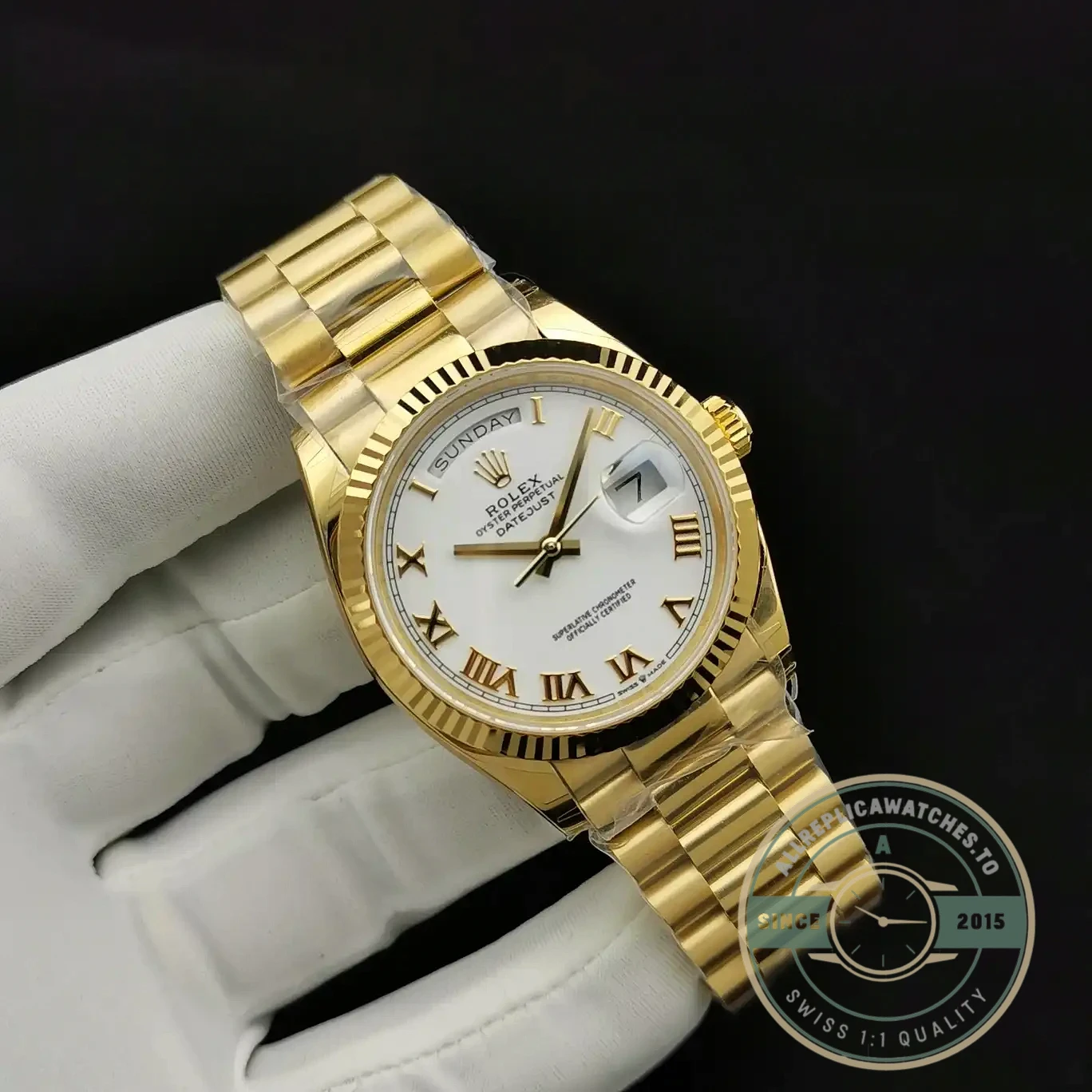 Superclone Rolex Day-Date 128238 36mm White Roman Dial Yellow Gold - Top-Tier Swiss Replica Watch