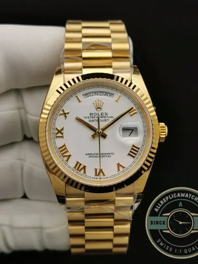 Superclone Rolex Day-Date 128238 36mm White Roman Dial Yellow Gold - Affordable Super Clone Watch