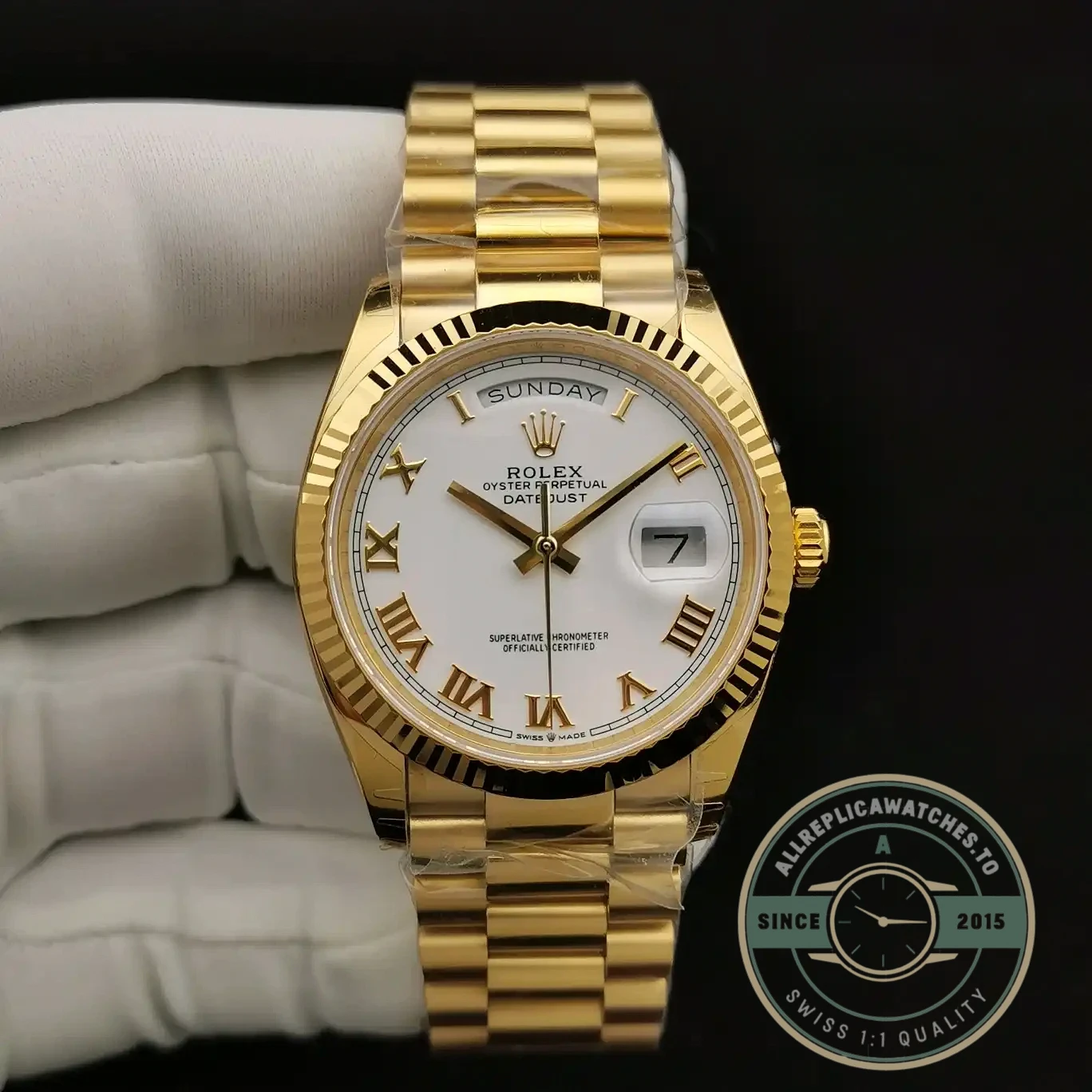 Superclone Rolex Day-Date 128238 36mm White Roman Dial Yellow Gold - Affordable Super Clone Watch