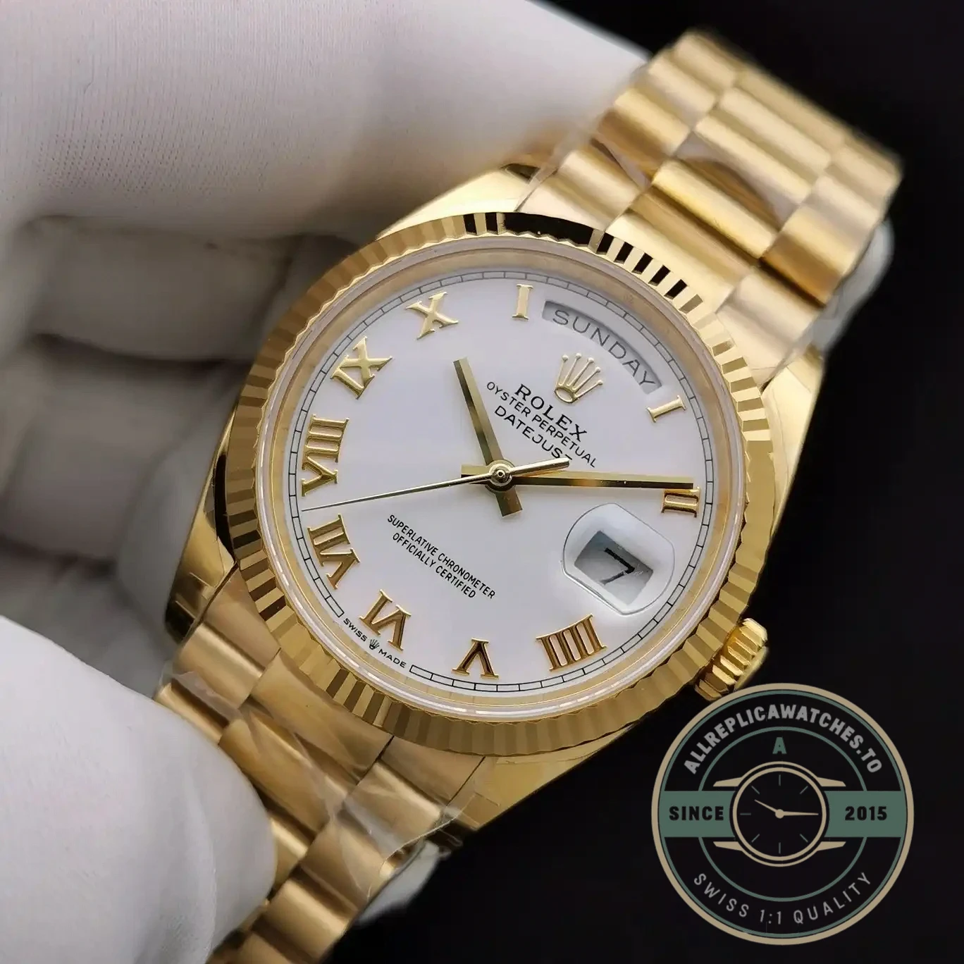 Superclone Rolex Day-Date 128238 36mm White Roman Dial Yellow Gold - Factory Super Clone Watch