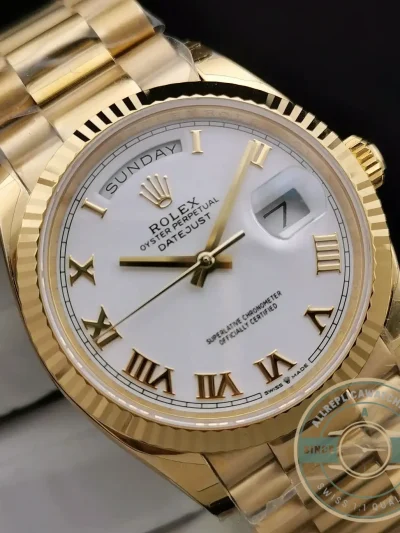 Superclone Rolex Day-Date 128238 36mm White Roman Dial Yellow Gold - Premium Super Clone Watch
