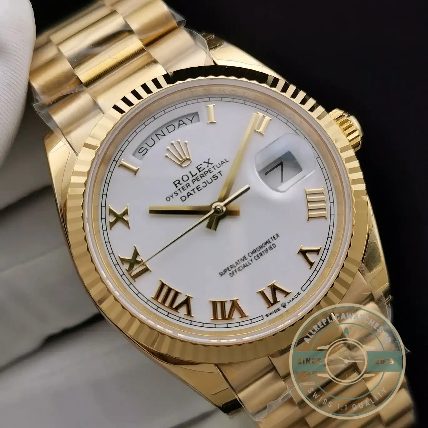 Superclone Rolex Day-Date 128238 36mm White Roman Dial Yellow Gold - Premium Super Clone Watch
