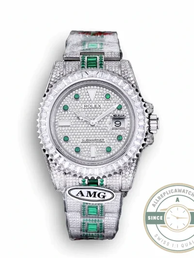 Superclone Rolex Submariner Iced Out 116610LN 40mm White Bezel Green Markers - Premium Super Clone Watch