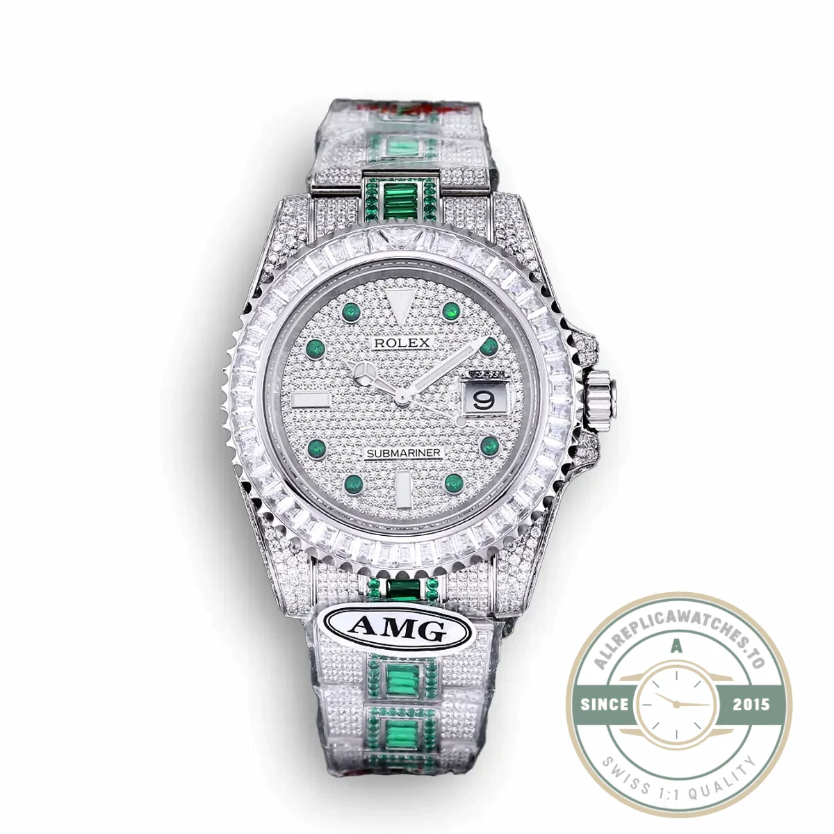 Superclone Rolex Submariner Iced Out 116610LN 40mm White Bezel Green Markers - Premium Super Clone Watch