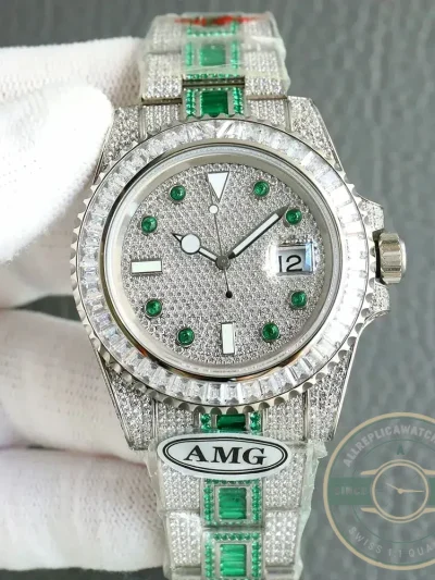 Superclone Rolex Submariner Iced Out 116610LN 40mm White Bezel Green Markers - Factory Super Clone Watch