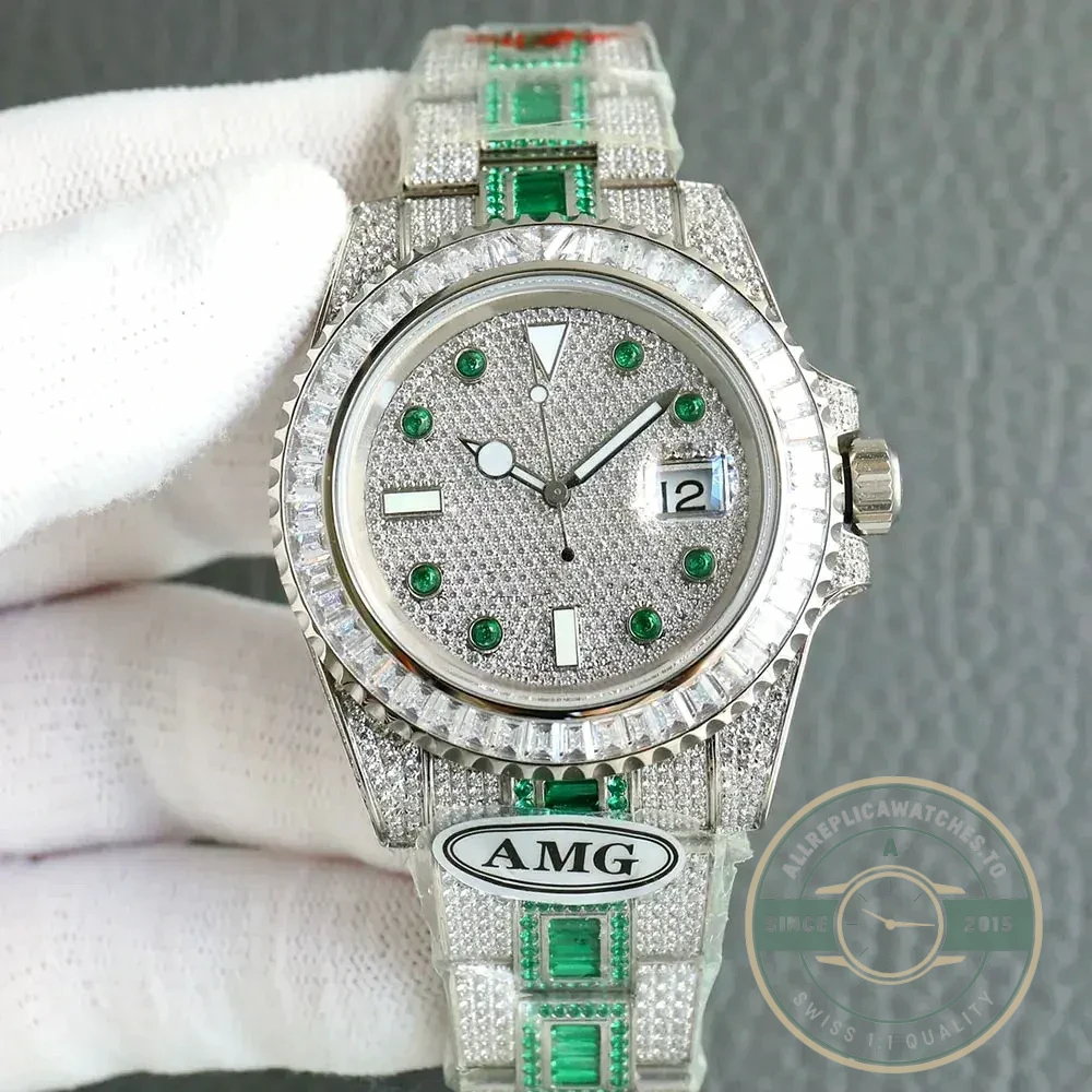 Superclone Rolex Submariner Iced Out 116610LN 40mm White Bezel Green Markers - Factory Super Clone Watch