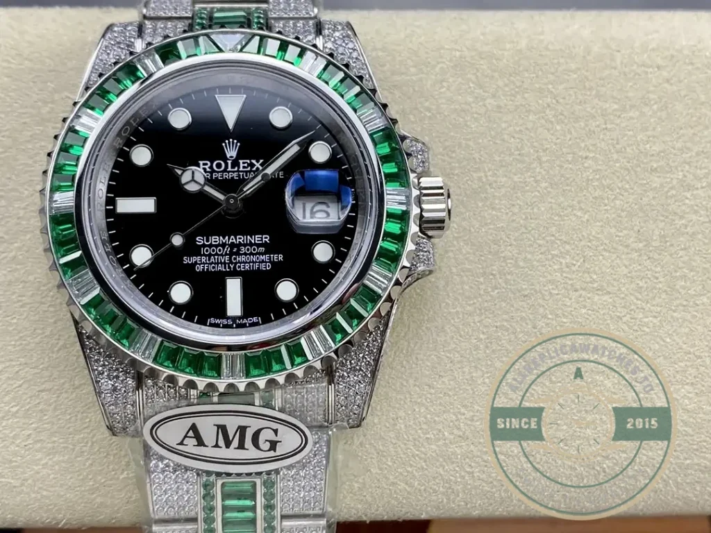 Close-up of an iced out Rolex Submariner super clone showing pavé-set case and baguette-cut bezel stones