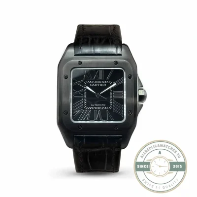 Replica Cartier Santos 100 W2020010 in black ADLC on a black alligator strap