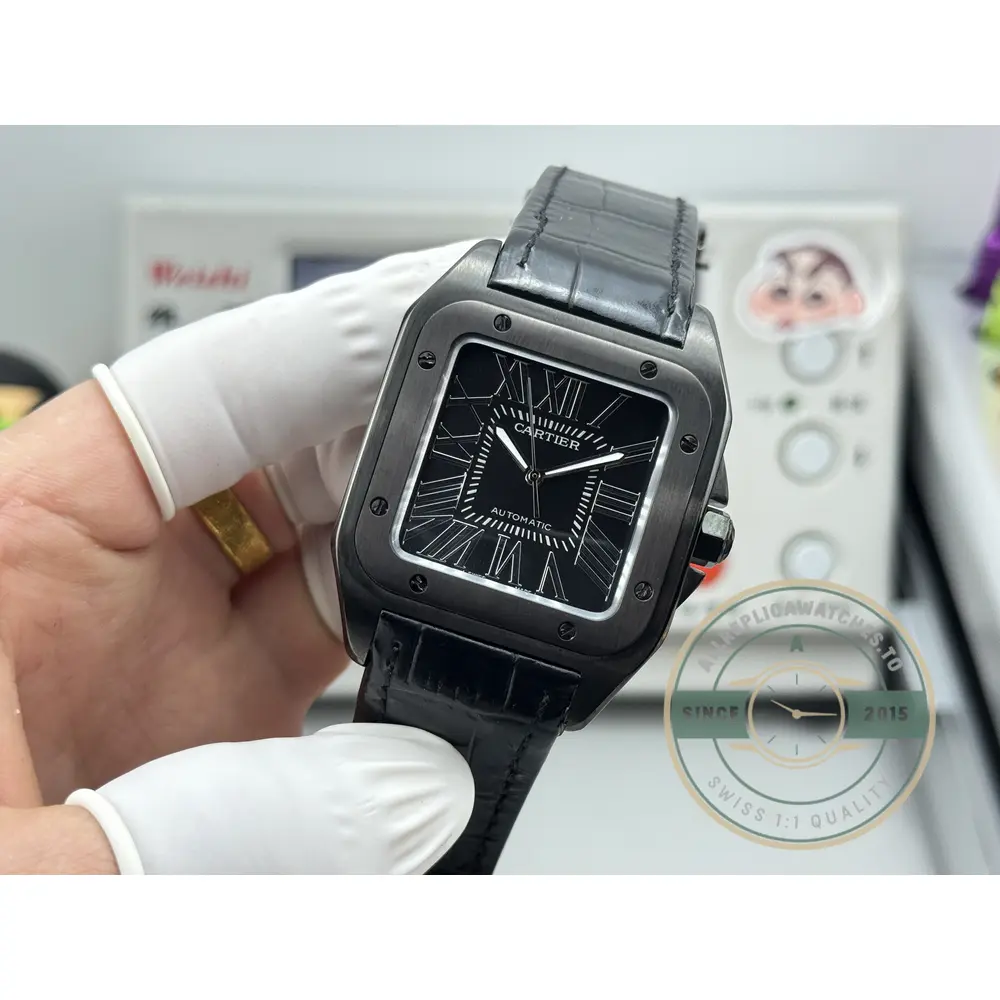 Black dial with white Roman numerals held in gloved hands at the timing bench