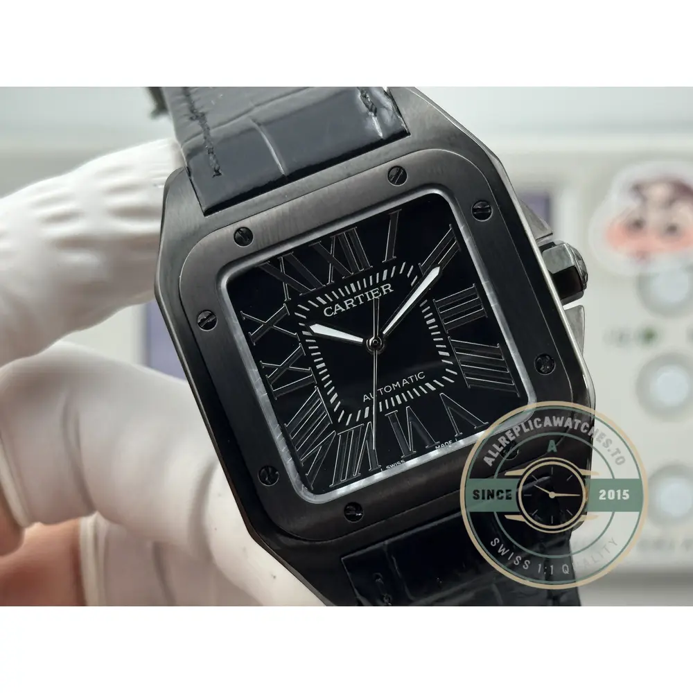 Close frontal frame, the hands reading pale against an all-black dial