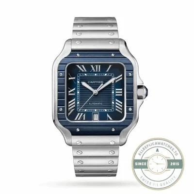 Replica Cartier Santos WSSA0048, blue bezel and matching blue dial on steel