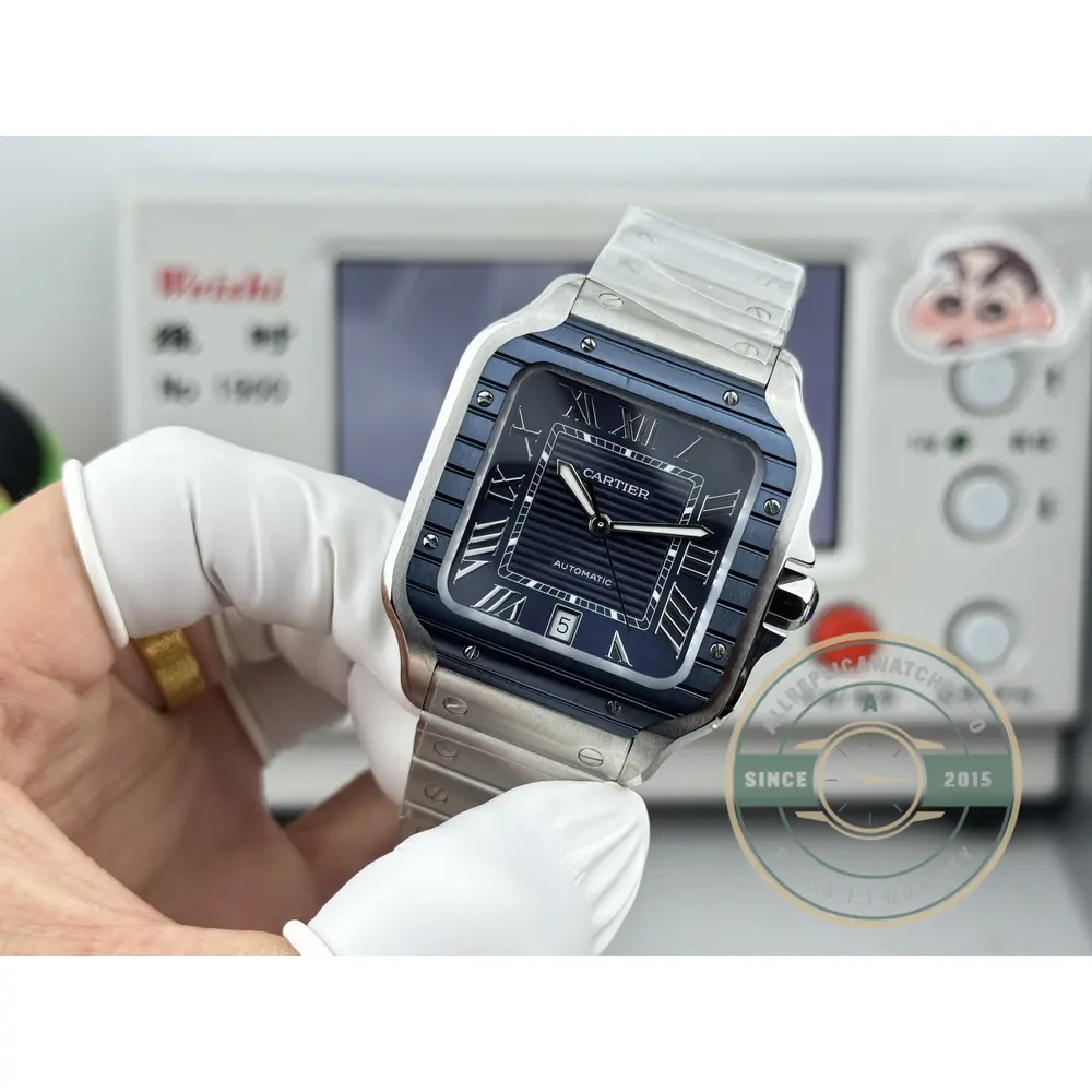 Three-quarter view with the steel bracelet tapering away from the blue case