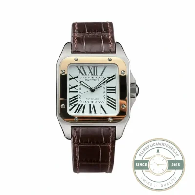 Replica Cartier Santos 100 W20107X7, rose gold bezel over steel on brown leather