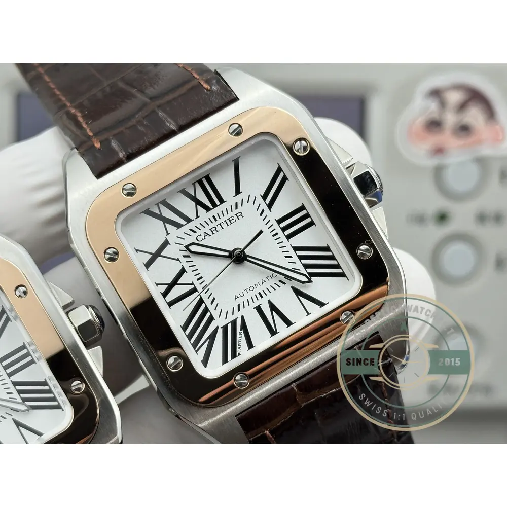White dial with black Roman numerals inside a warm rose gold bezel, held close