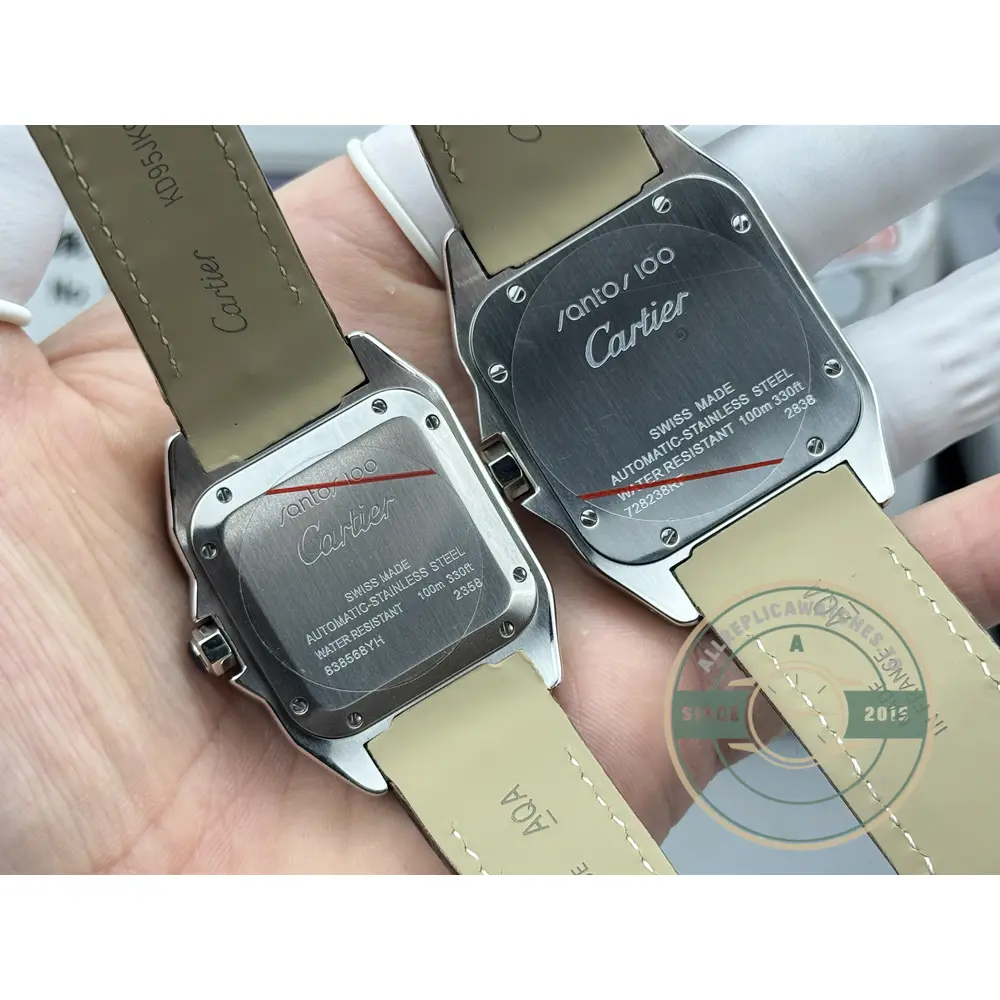 Both casebacks engraved Santos 100 with the water-resistant markings