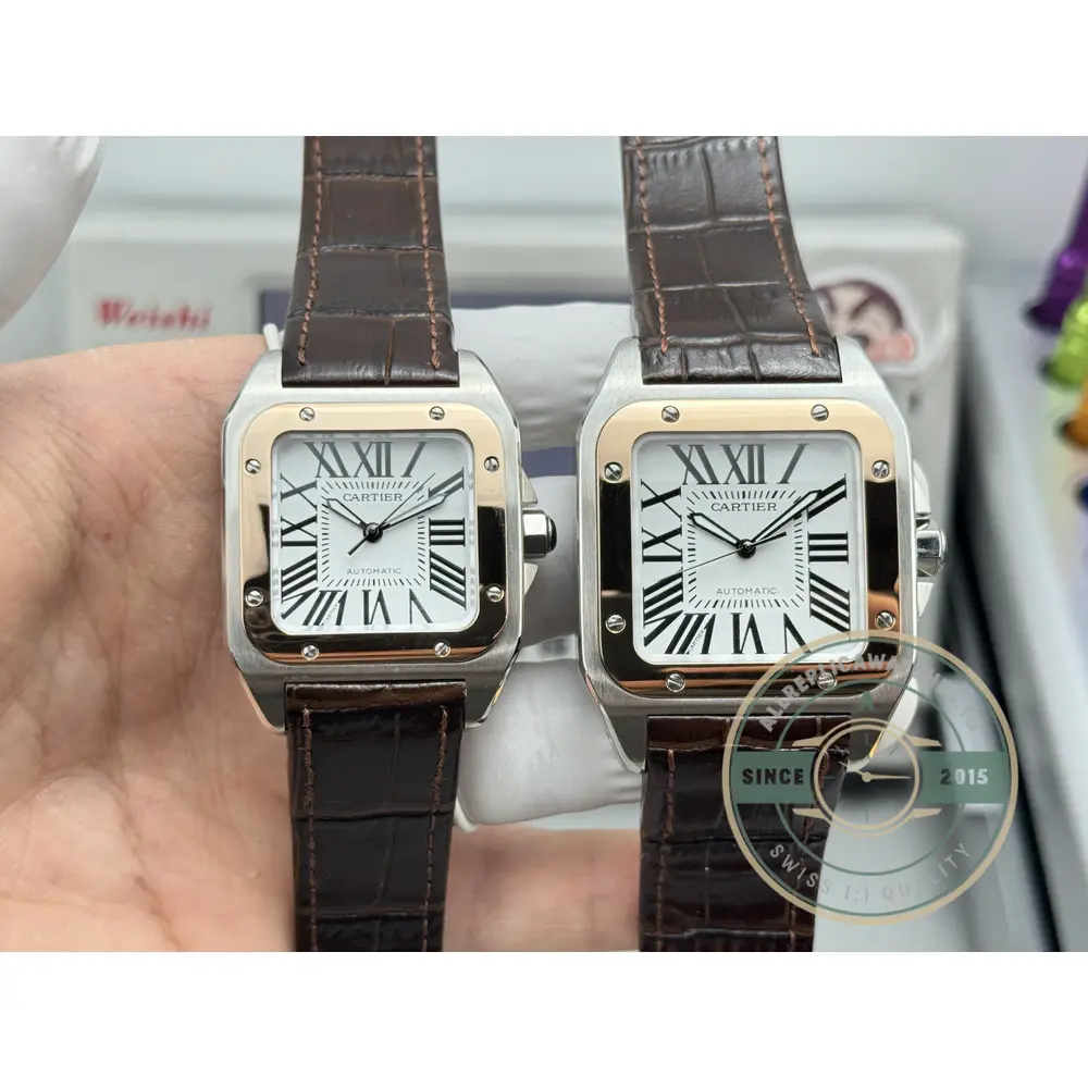 The pair held flat, brown straps trailing from the two-tone lugs