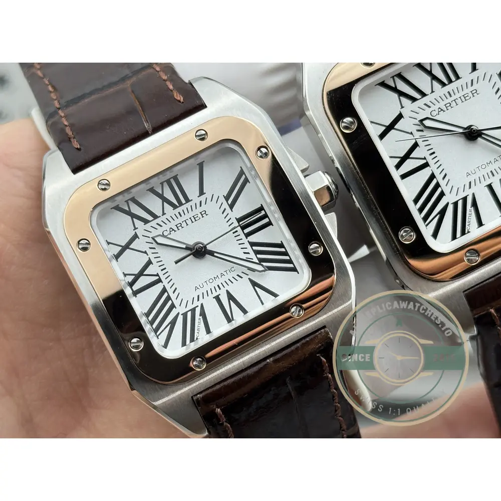 Two dials read side by side, Roman numerals and blued hands on both