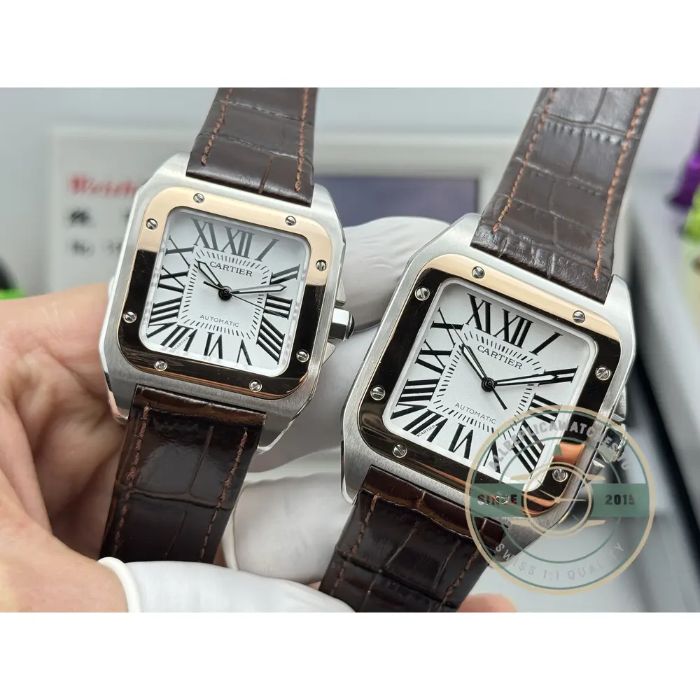 Matching pair angled on brown alligator straps, rose gold bezels catching light