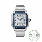 Replica Cartier Santos WSSA0047, blue ceramic bezel framing a silvered dial