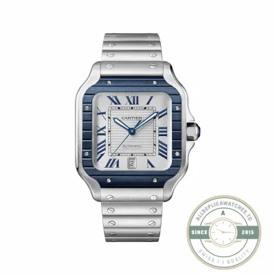 Replica Cartier Santos WSSA0047, blue ceramic bezel framing a silvered dial