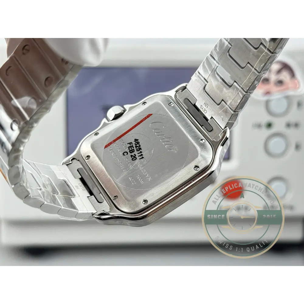 Caseback with its dated inspection sticker still on the brushed steel