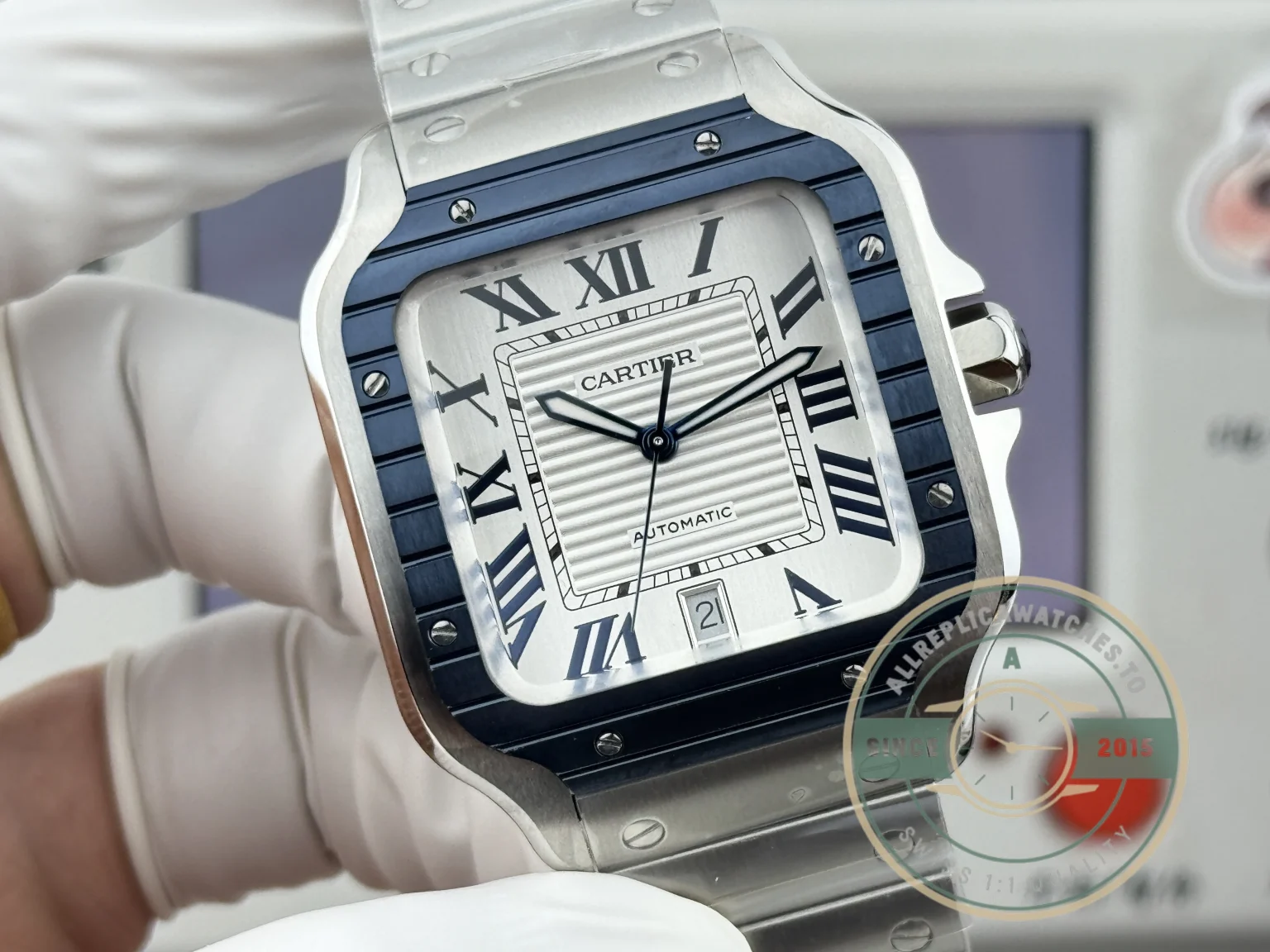 Replica Cartier Santos De Cartier Blue Bezel 40mm WSSA0047 - Luxury Replica Watch