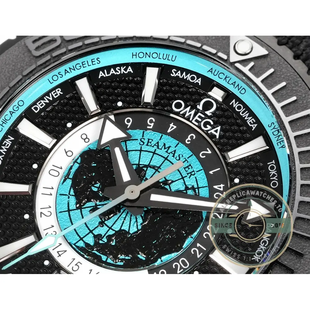 Replica Omega Planet Ocean ceramic 45.5mm on the wrist, scale without the usual steel weight