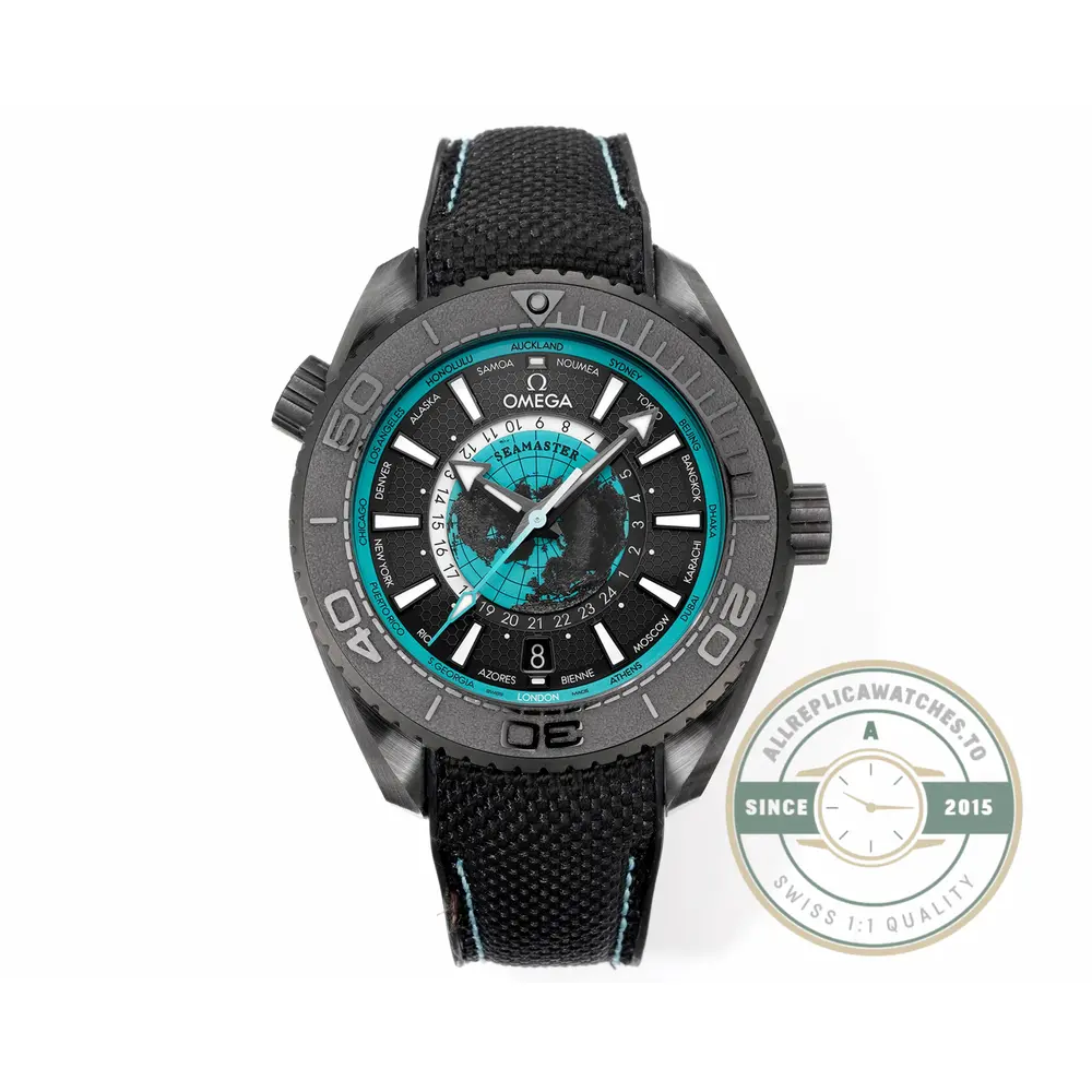 Super clone Omega Planet Ocean domed sapphire crystal with anti-reflective treatment, angled view