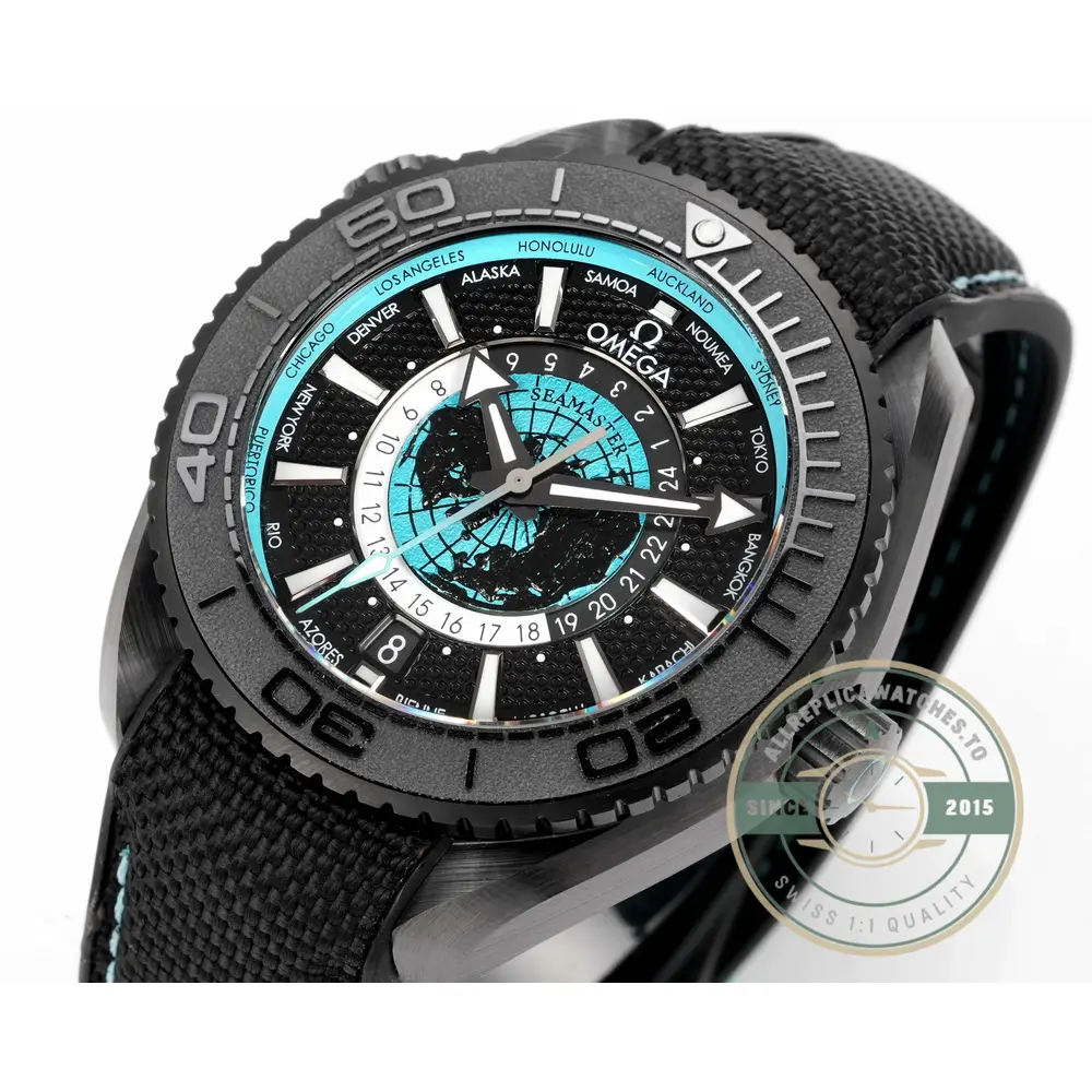 Superclone Omega Planet Ocean unidirectional ceramic bezel mid-rotation, each click landing precisely