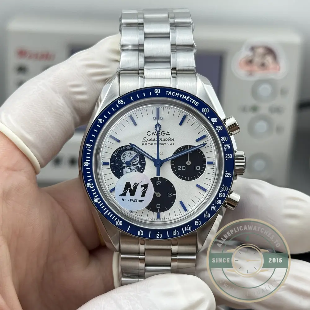 Omega Speedmaster Snoopy 42mm replica, silver with blue subdial accents dial