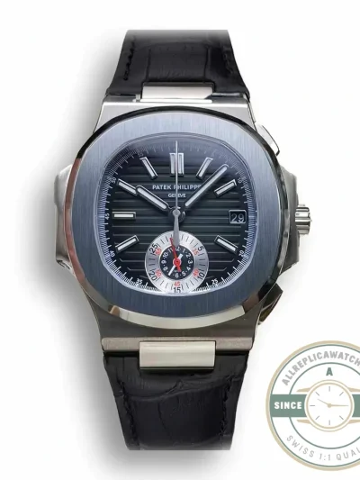 Replica Patek Nautilus 5980-6R White Gold 40.5mm Black Dial, Leather Strap - 1:1 Swiss Replica Watch