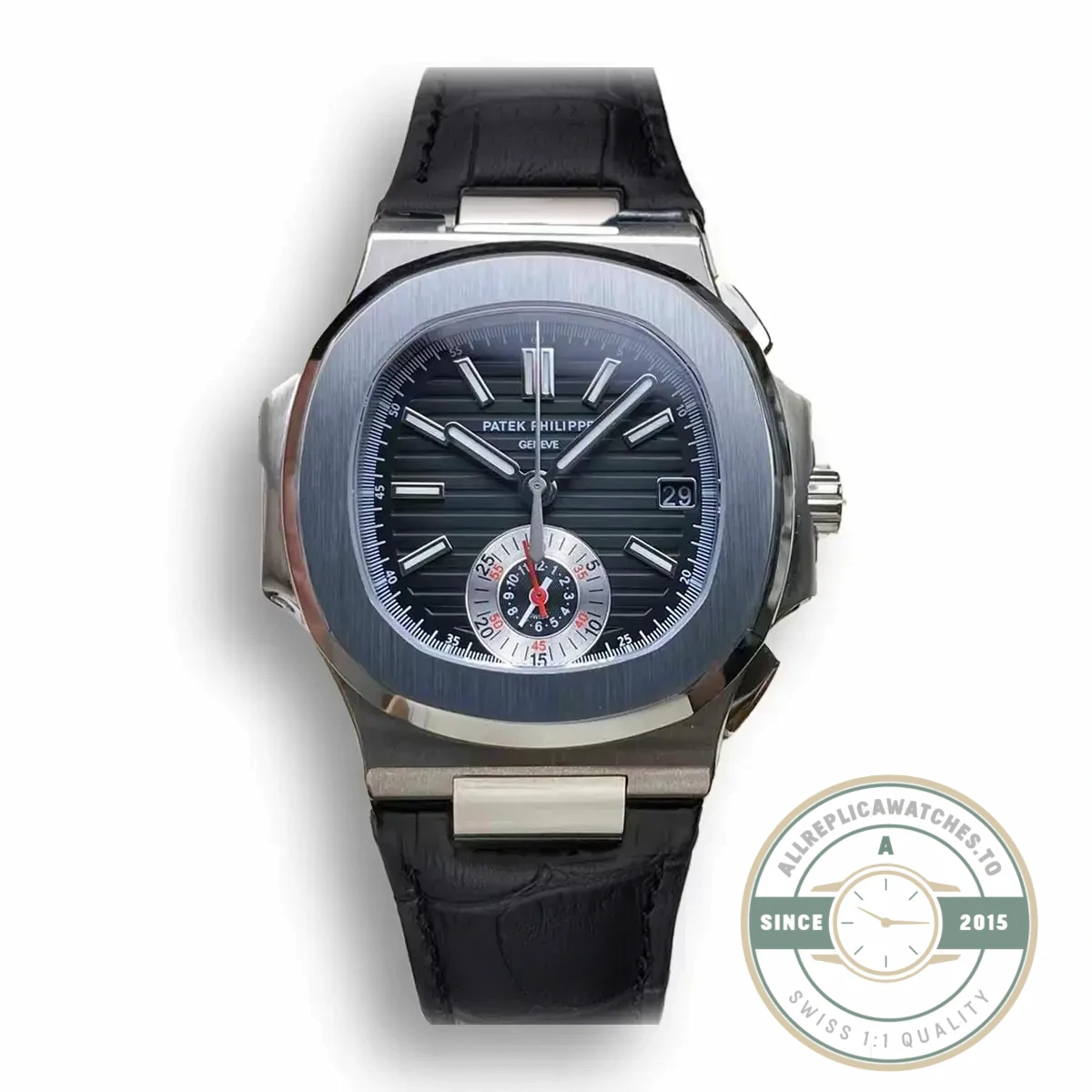 Replica Patek Nautilus 5980-6R White Gold 40.5mm Black Dial, Leather Strap - 1:1 Swiss Replica Watch