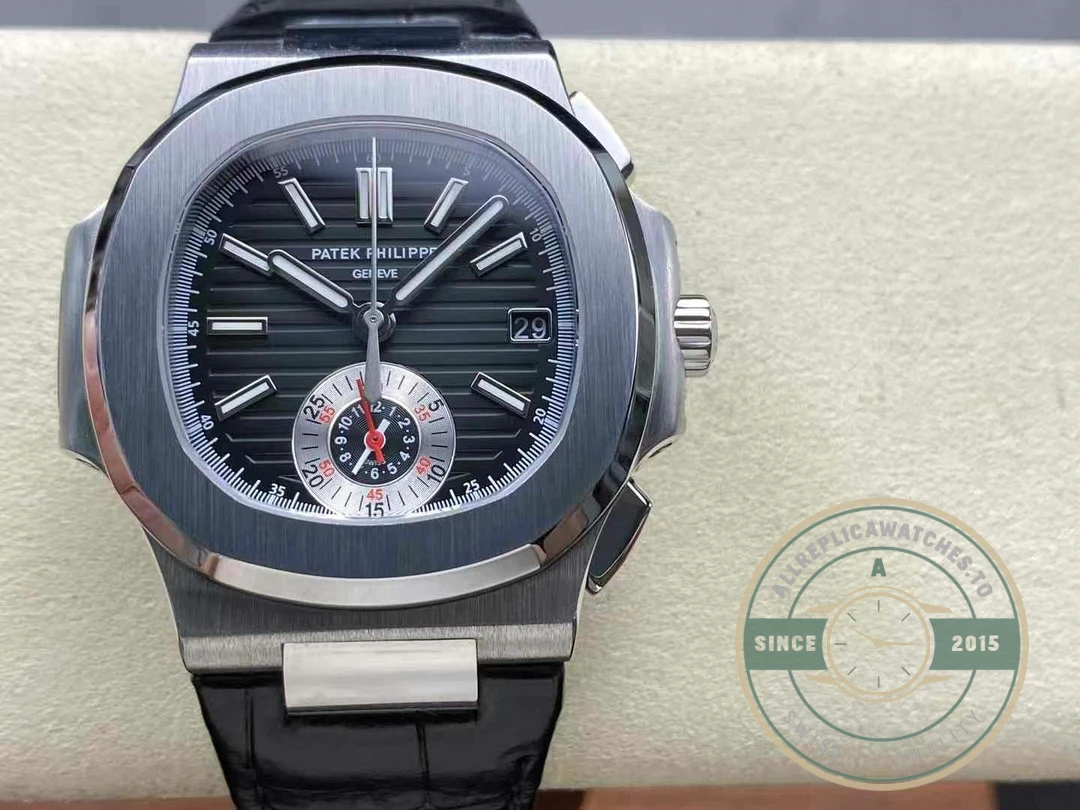 Replica Patek Nautilus 5980-6R White Gold 40.5mm Black Dial, Leather Strap - Affordable Luxury Replica Timepiece