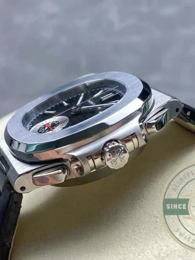 Replica Patek Nautilus 5980-6R White Gold 40.5mm Black Dial, Leather Strap - Budget Luxury Replica Watch