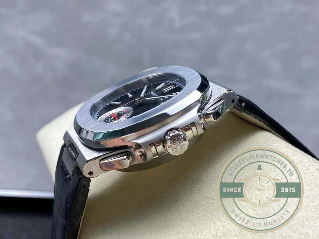 Replica Patek Nautilus 5980-6R White Gold 40.5mm Black Dial, Leather Strap - Budget Luxury Replica Watch