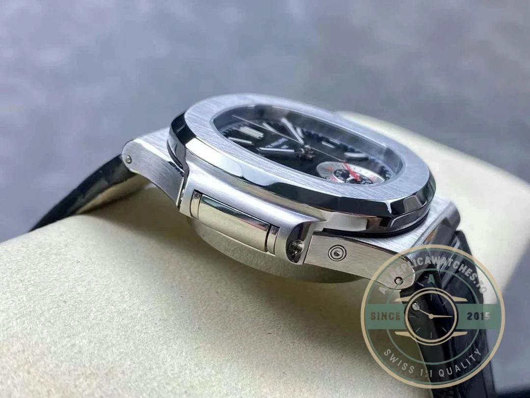Replica Patek Nautilus 5980-6R White Gold 40.5mm Black Dial, Leather Strap - 1:1 Swiss Replica Watch
